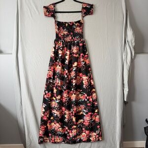 Boohoo Womens Bandeau Dark Floral Maxi Dress Size 6 Black Smocked Resortwear